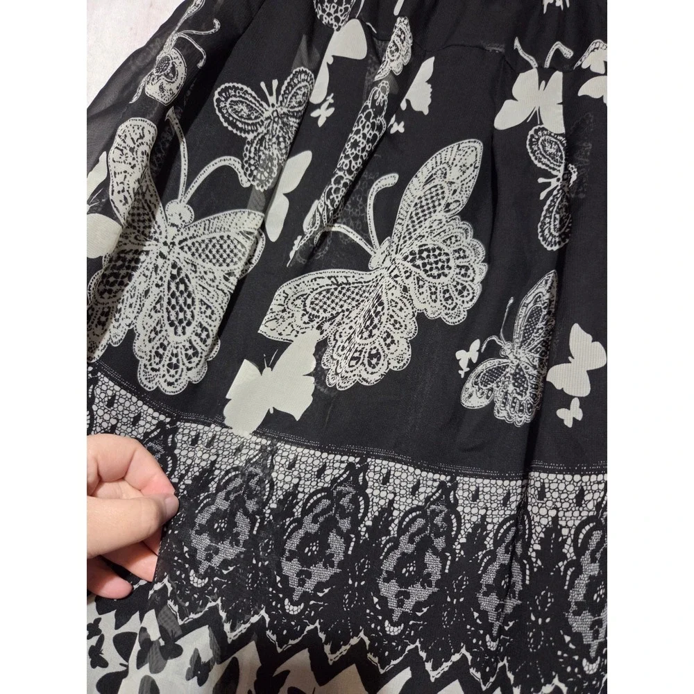 Butterfly‎ Print Chiffon Skirt Black White Lace Border Knee Length Womens 8